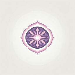 A minimalistic corporate logo created in the style of an eastern ornamental pattern, showcasing the Flower of Life with eight petals and sun rays radiating in all directions, brought to life in subtle pink and purple tones