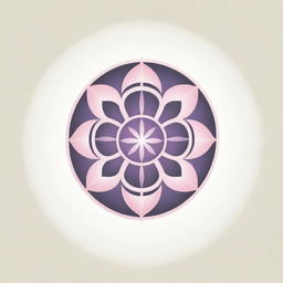 A minimalistic corporate logo created in the style of an eastern ornamental pattern, showcasing the Flower of Life with eight petals and sun rays radiating in all directions, brought to life in subtle pink and purple tones