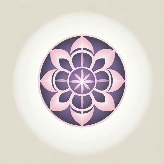 A minimalistic corporate logo created in the style of an eastern ornamental pattern, showcasing the Flower of Life with eight petals and sun rays radiating in all directions, brought to life in subtle pink and purple tones