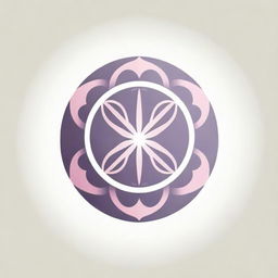 A minimalistic corporate logo created in the style of an eastern ornamental pattern, showcasing the Flower of Life with eight petals and sun rays radiating in all directions, brought to life in subtle pink and purple tones