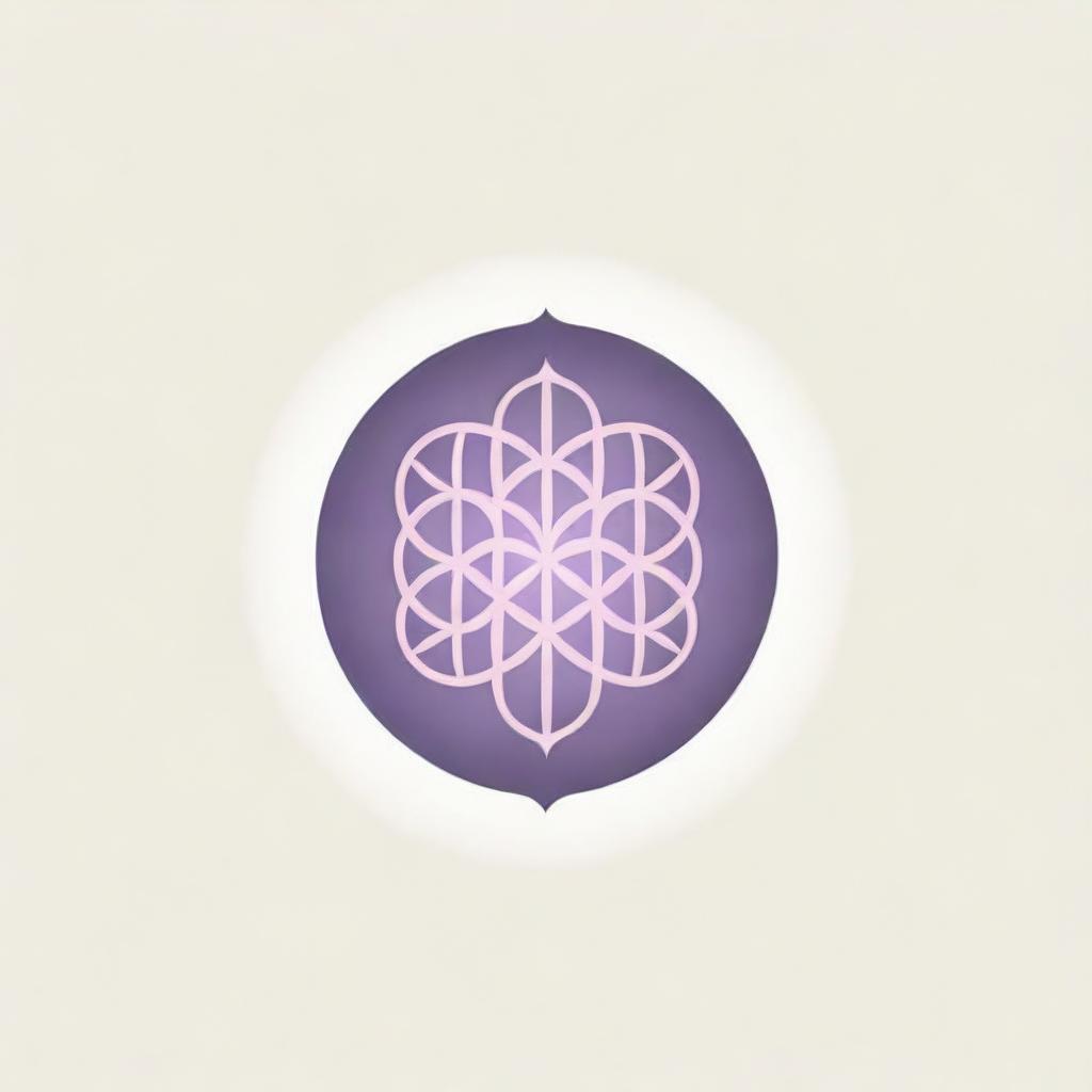 A minimalistic Eastern-ornamental corporate logo depicting the Flower of Life with eight petals, complemented by sun rays emanating in every direction, rendered in gentle hues of pink and purple