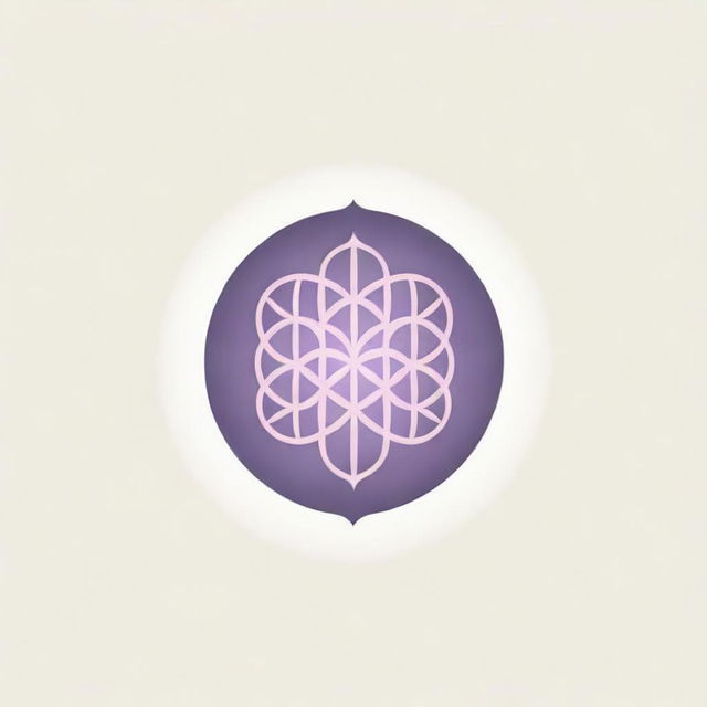 A minimalistic Eastern-ornamental corporate logo depicting the Flower of Life with eight petals, complemented by sun rays emanating in every direction, rendered in gentle hues of pink and purple