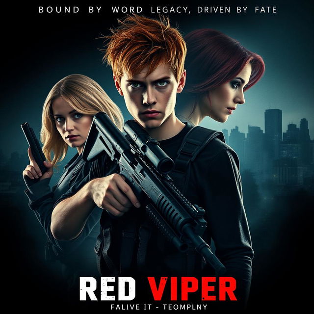 A captivating movie poster featuring a young man, around 18 years old, with intense eyes and messy red hair, centered in the foreground