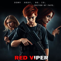 A captivating movie poster featuring a young man, around 18 years old, with intense eyes and messy red hair, centered in the foreground