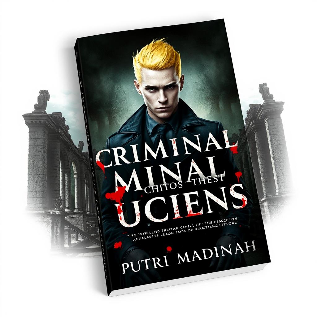 A striking book cover for a detective novel titled 'Criminal Minal Ghost Luciens', featuring a handsome albino detective with striking yellow hair