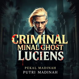A striking book cover for a detective novel titled 'Criminal Minal Ghost Luciens', featuring a handsome albino detective with striking yellow hair