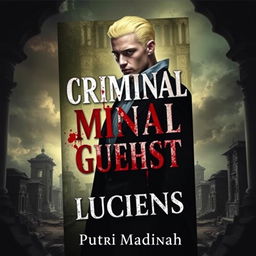 A striking book cover for a detective novel titled 'Criminal Minal Ghost Luciens', featuring a handsome albino detective with striking yellow hair