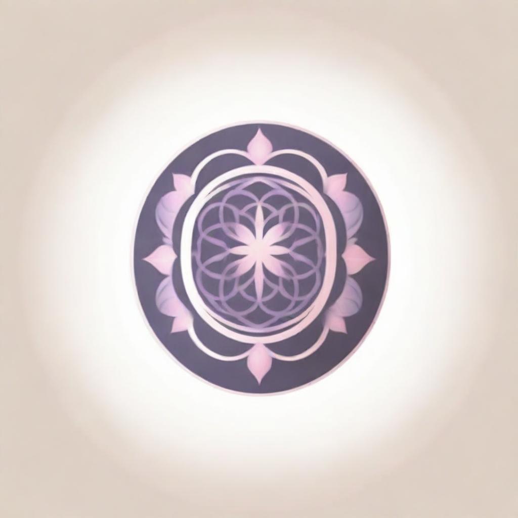 A minimalistic corporate logo presenting the Flower of Life in an Eastern ornamental style, with sun rays extending outward in a circular pattern, all rendered in gentle pink and purple graphic tones for business use