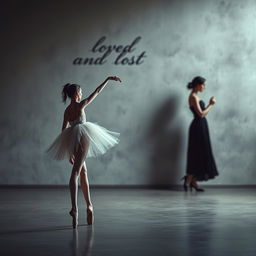 A thin ballerina gracefully dancing alone in the foreground