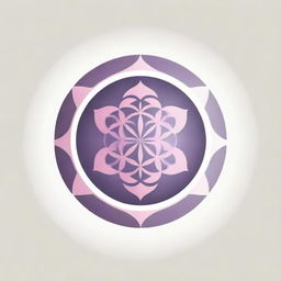 A minimalistic corporate logo presenting the Flower of Life in an Eastern ornamental style, with sun rays extending outward in a circular pattern, all rendered in gentle pink and purple graphic tones for business use