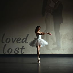 A thin ballerina gracefully dancing alone in the foreground