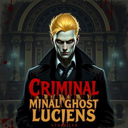 A handsome albino detective with striking yellow hair, set against a dark, royal background, evocative of a historical kingdom dripping with a sinister atmosphere