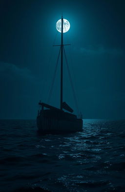 A moonlit night in the Caribbean ocean, featuring a partially sunk sailboat at the center of the scene