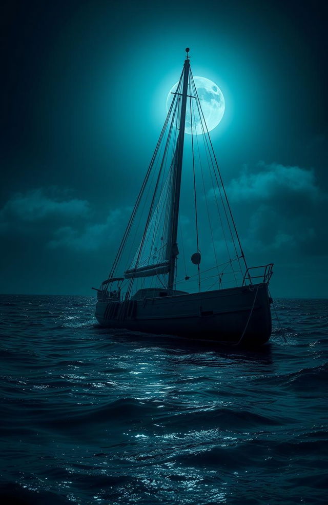 A moonlit night in the Caribbean ocean, featuring a partially sunk sailboat at the center of the scene