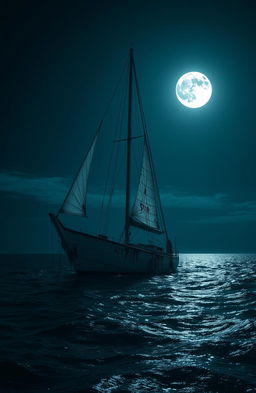 A moonlit night in the Caribbean ocean, featuring a partially sunk sailboat at the center of the scene