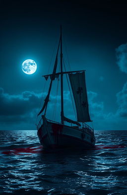 A moonlit night in the Caribbean ocean, featuring a partially sunk sailboat at the center of the scene