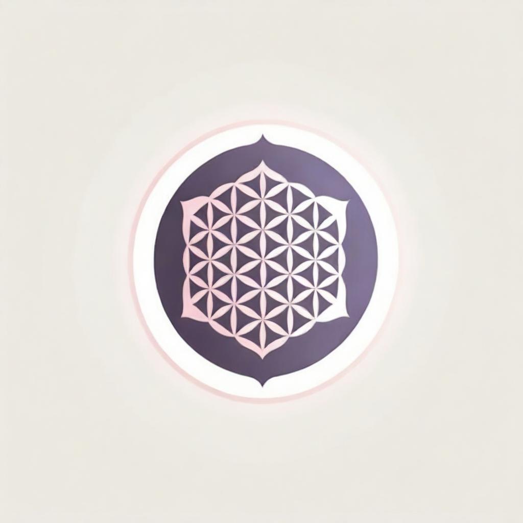 A minimalistic corporate logo presenting the Flower of Life in an Eastern ornamental style, with sun rays extending outward in a circular pattern, all rendered in gentle pink and purple graphic tones for business use