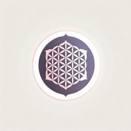 A minimalistic corporate logo presenting the Flower of Life in an Eastern ornamental style, with sun rays extending outward in a circular pattern, all rendered in gentle pink and purple graphic tones for business use