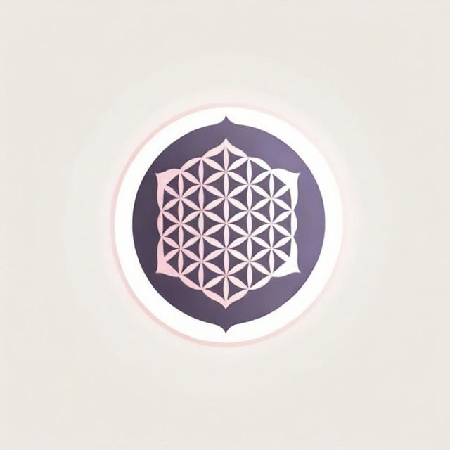 A minimalistic corporate logo presenting the Flower of Life in an Eastern ornamental style, with sun rays extending outward in a circular pattern, all rendered in gentle pink and purple graphic tones for business use
