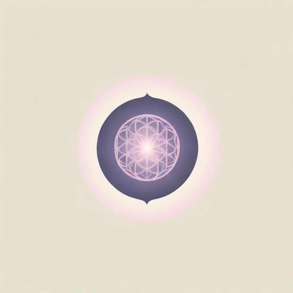 A stylish and minimalistic logo showcasing the Flower of Life in an Eastern ornament style, radiating sun rays in all directions illustrated in soft pink and purple hues, intended for establishment's representation