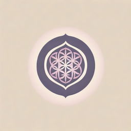 A stylish and minimalistic logo showcasing the Flower of Life in an Eastern ornament style, radiating sun rays in all directions illustrated in soft pink and purple hues, intended for establishment's representation