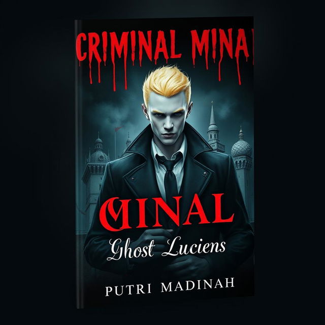 A striking book cover titled 'Criminal Minal: Ghost Luciens', featuring a handsome albino detective with striking yellow hair, set against a dark and blood-soaked kingdom backdrop