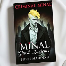 A striking book cover titled 'Criminal Minal: Ghost Luciens', featuring a handsome albino detective with striking yellow hair, set against a dark and blood-soaked kingdom backdrop
