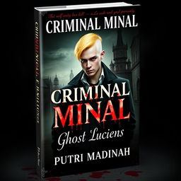 A striking book cover titled 'Criminal Minal: Ghost Luciens', featuring a handsome albino detective with striking yellow hair, set against a dark and blood-soaked kingdom backdrop