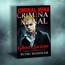 A striking book cover titled 'Criminal Minal: Ghost Luciens', featuring a handsome albino detective with striking yellow hair, set against a dark and blood-soaked kingdom backdrop