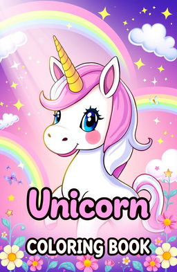 A vibrant, animated-style unicorn with a playful expression, surrounded by a magical fantasy background featuring rainbows, stars, clouds, and sparkling effects