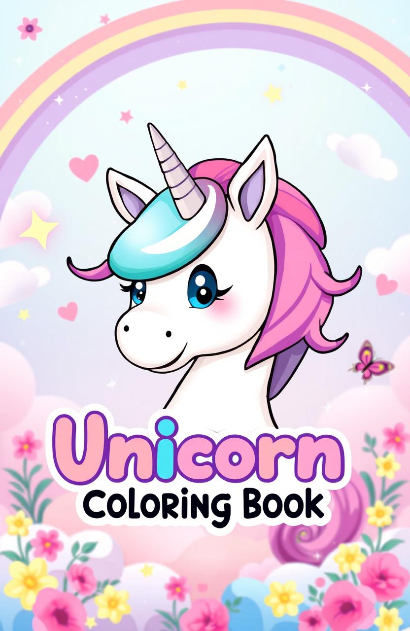 A vibrant, animated-style unicorn with a playful expression, surrounded by a magical fantasy background featuring rainbows, stars, clouds, and sparkling effects