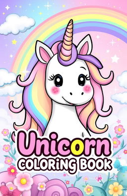 A vibrant, animated-style unicorn with a playful expression, surrounded by a magical fantasy background featuring rainbows, stars, clouds, and sparkling effects