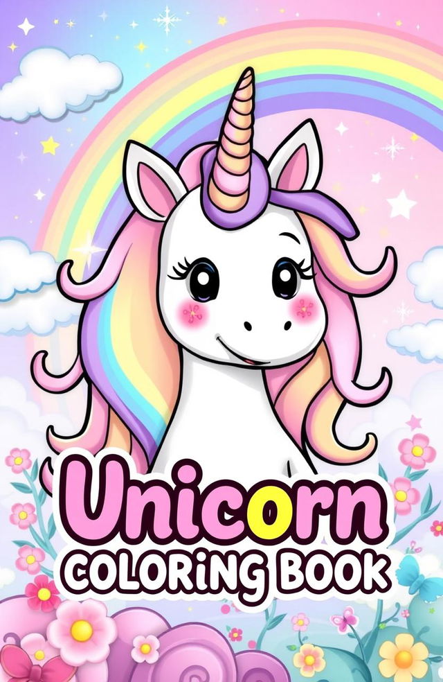 A vibrant, animated-style unicorn with a playful expression, surrounded by a magical fantasy background featuring rainbows, stars, clouds, and sparkling effects
