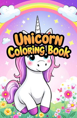 A vibrant, animated-style unicorn with a playful expression, surrounded by a magical fantasy background featuring rainbows, stars, clouds, and sparkling effects