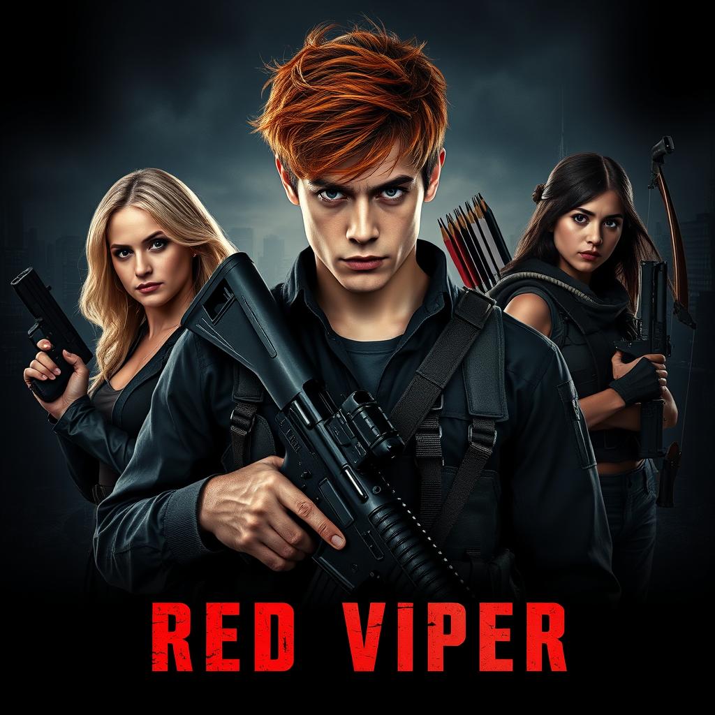 An engaging movie poster featuring a young man around 22 years old, with intense eyes and messy red hair, centered in the foreground