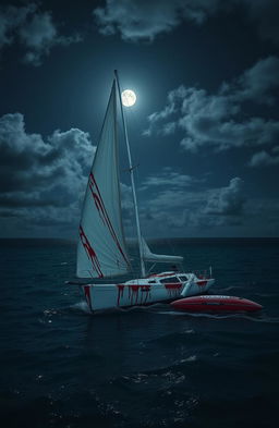 A dramatic scene set in the Caribbean Ocean on a partly cloudy moonlit night