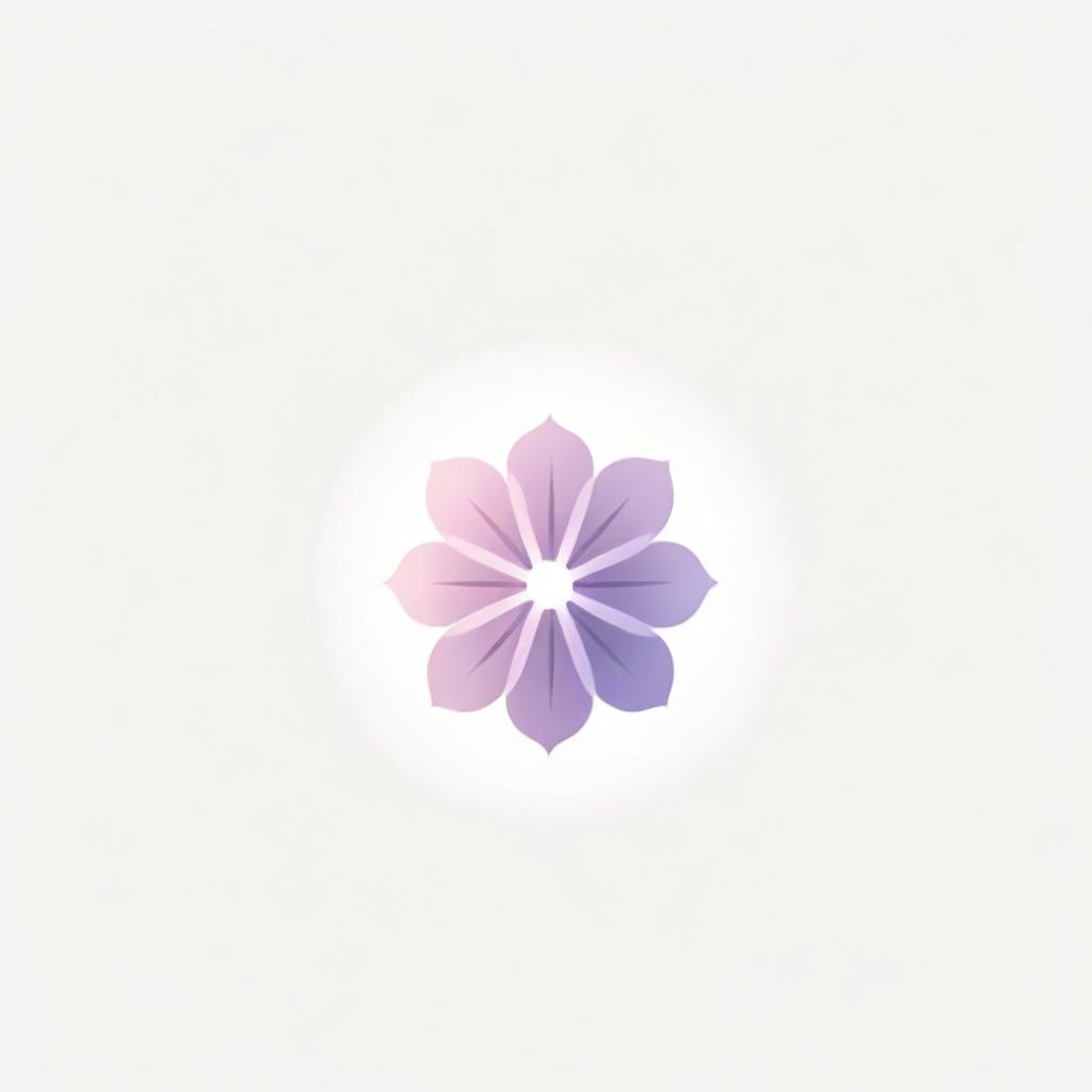 A stylish, minimalistic logo represented by a flower design with subtle rays radiating in all directions, rendered in gentle pink and violet hues, created specifically for establishment branding