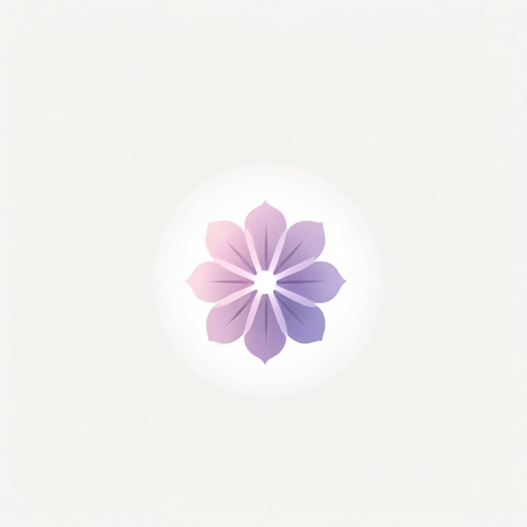 A stylish, minimalistic logo represented by a flower design with subtle rays radiating in all directions, rendered in gentle pink and violet hues, created specifically for establishment branding