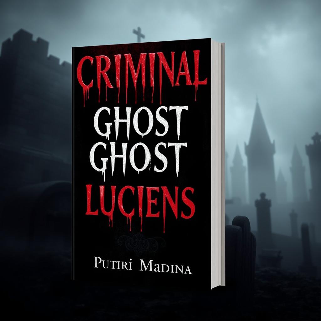 A book cover for 'Criminal Ghost Luciens' with the title written in blood dripping letters