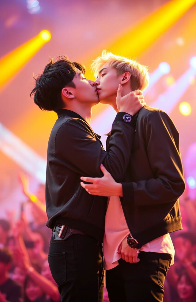 Two male K-pop singers passionately kissing each other in a vibrant stage setting, surrounded by colorful lights and a cheering crowd