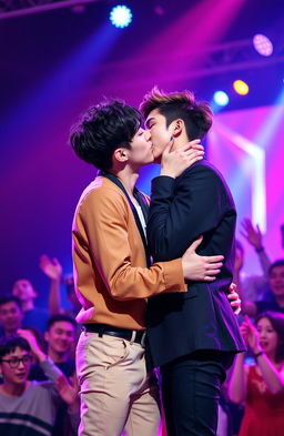 Two male K-pop singers passionately kissing each other in a vibrant stage setting, surrounded by colorful lights and a cheering crowd