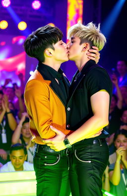 Two male K-pop singers passionately kissing each other in a vibrant stage setting, surrounded by colorful lights and a cheering crowd
