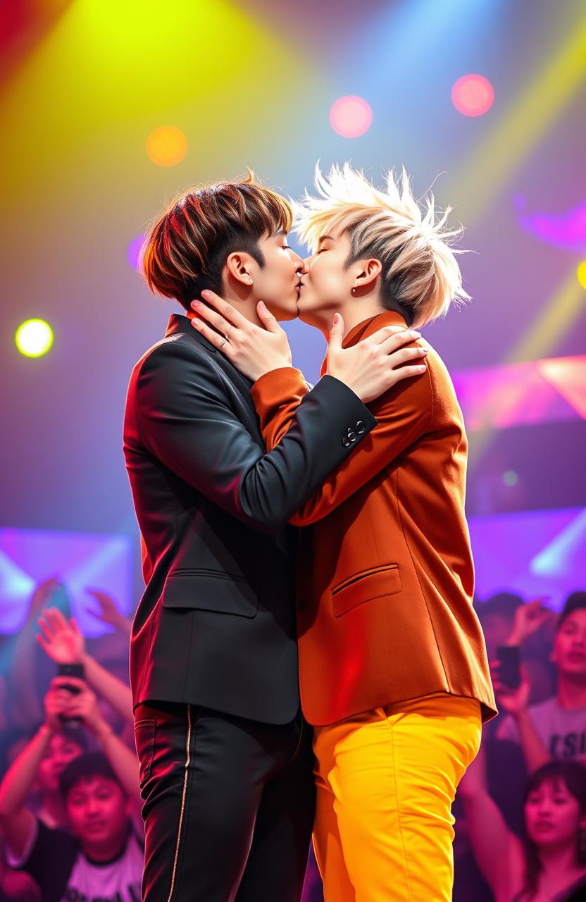 Two male K-pop singers passionately kissing each other in a vibrant stage setting, surrounded by colorful lights and a cheering crowd