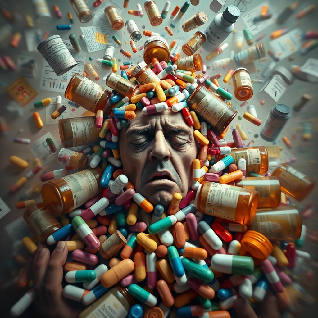 A surrealistic depiction of a figure consumed by various medication bottles, surrounded by colorful pills and capsules, with a chaotic environment symbolizing the destruction caused by overconsumption of medicine