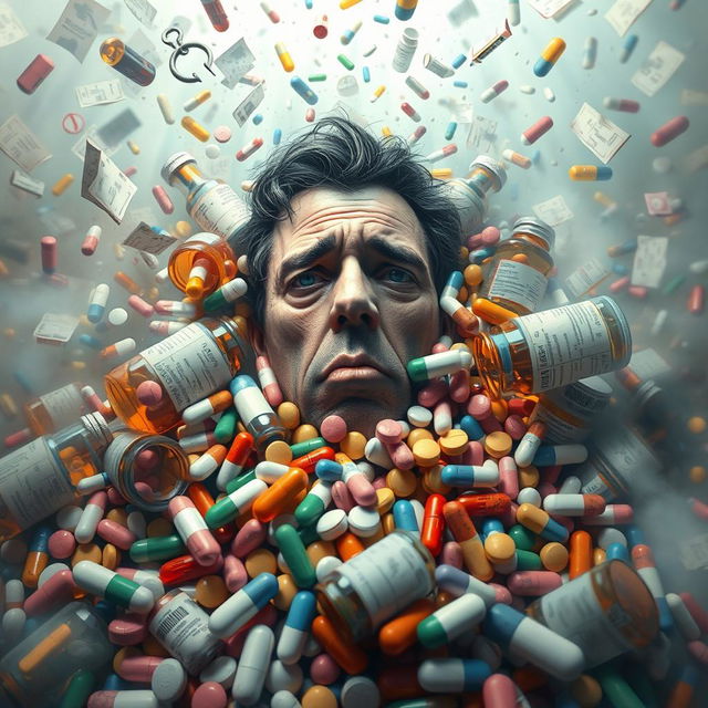 A surrealistic depiction of a figure consumed by various medication bottles, surrounded by colorful pills and capsules, with a chaotic environment symbolizing the destruction caused by overconsumption of medicine