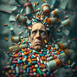 A surrealistic depiction of a figure consumed by various medication bottles, surrounded by colorful pills and capsules, with a chaotic environment symbolizing the destruction caused by overconsumption of medicine
