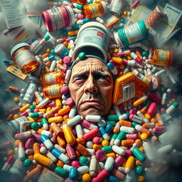 A surrealistic depiction of a figure consumed by various medication bottles, surrounded by colorful pills and capsules, with a chaotic environment symbolizing the destruction caused by overconsumption of medicine