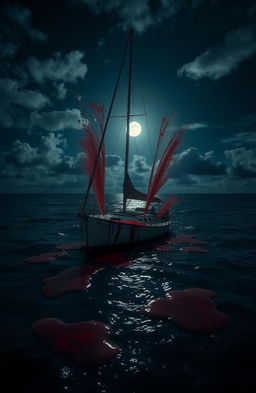 A haunting scene set in the Caribbean ocean on a partly cloudy moonlit night