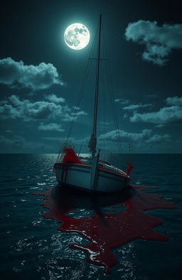 A haunting scene set in the Caribbean ocean on a partly cloudy moonlit night