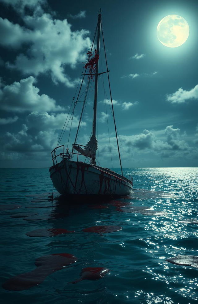 A haunting scene set in the Caribbean ocean on a partly cloudy moonlit night